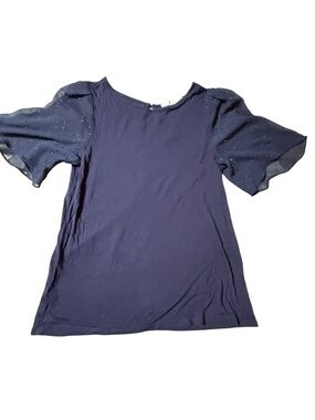 LOFT XS Navy Shimmer Flutter Sleeve Blouse Sheer Glitter Sparkle Dressy Top